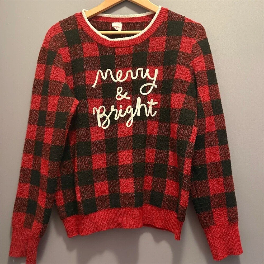 Holiday Time Sweater Womens Size M Red Black Buffalo Plaid Merry & Bright